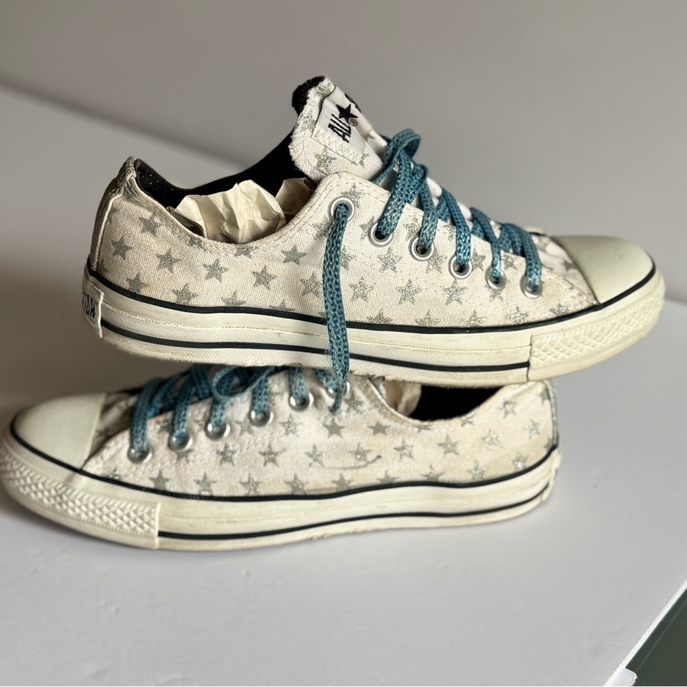 Converse All Star Women's Silver Star Chucks w/Teal Blue Laces - White & Blue 8 - Picture 3 of 6